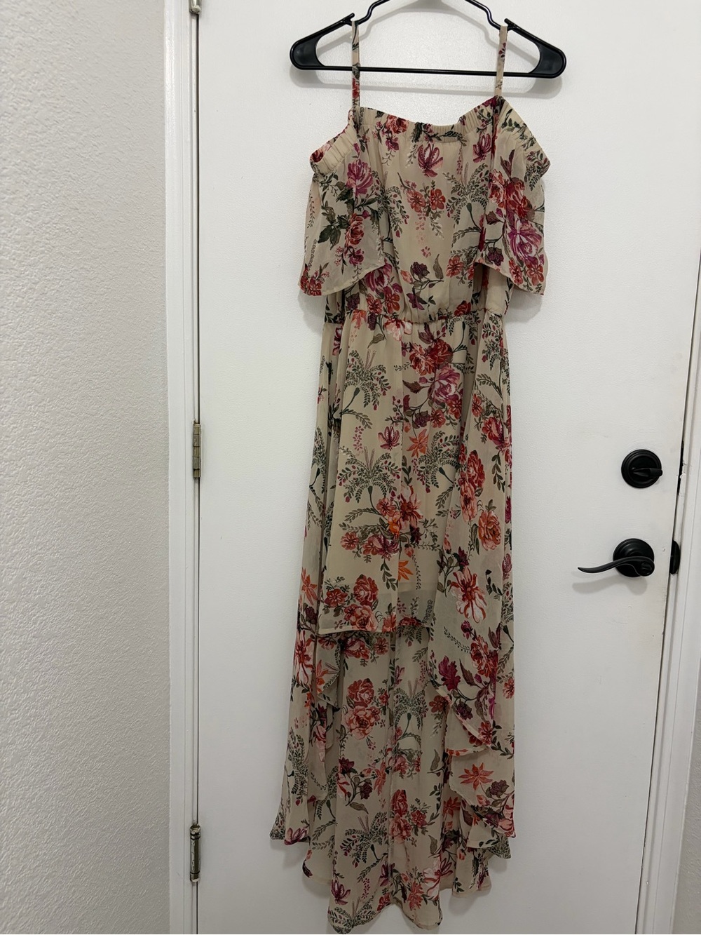 AUW Beige Maxi Dress with Pink & Red Floral Print